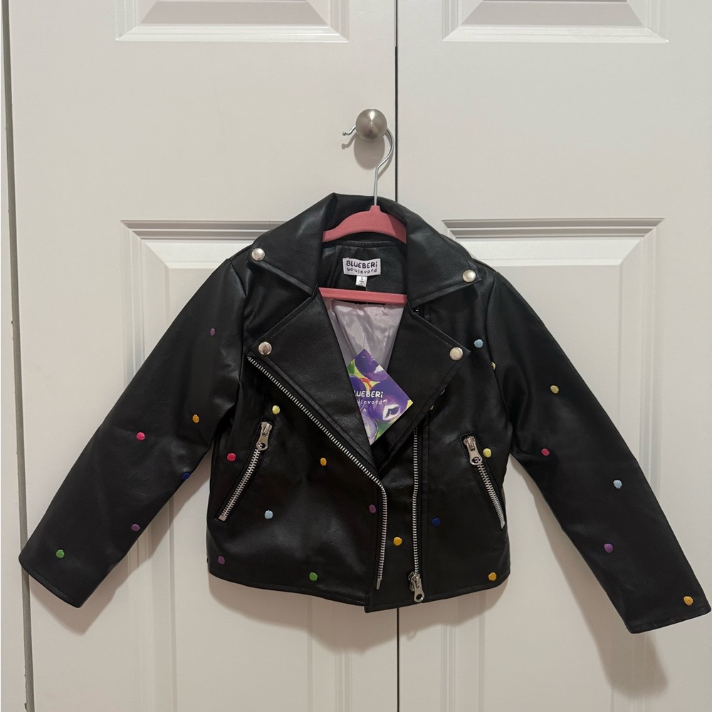 Blueberi Boulevard Black Vegan Leather Kids Jacket with Multicolor Dots 4T/5T